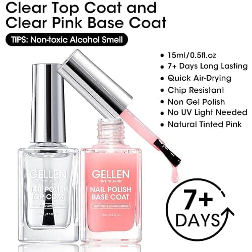 GELLEN Clear Nail Polish Base Top Coat, Sheer Pink Tinted Base Coat & Shine No Wipe Top Coat for Strengthening Thin Damaged Natural Nails, Quick Dry Regular Nail Polish No UV Gel, Hema Free, Non-toxic thumbnail 2