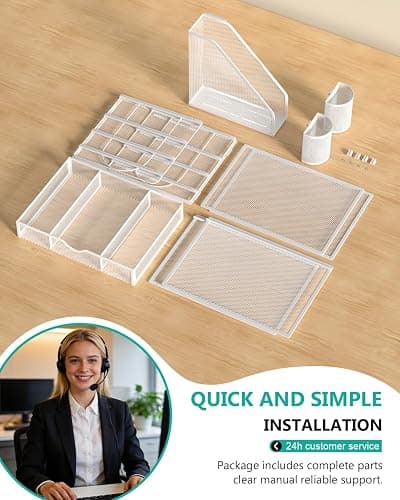 WALI Desk File Organizer, 4 Tier Desktop Paper Letter Tray Organizer with Drawer and 2 Pen Holders, Office Desk Accessories & Workspace Organizers for Office, Home Supplies(DO005DH-W), 1 Pack, White thumbnail 9
