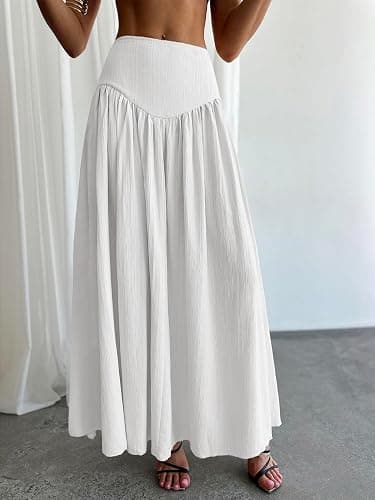 Milumia Women's Pleated Flowy Long Skirts High Waist Maxi Skirt with Pocket | Drop Waist Skirts, Boho, Ankle Length, Beach Cover Up, Vacation, Summer Fall, A-Line Skirt thumbnail 6