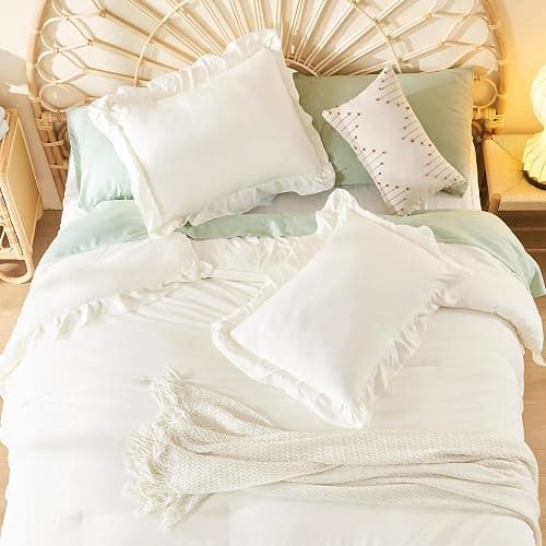 Litanika Full Comforter Set Ivory, 3 Pieces Beige Ruffle Farmhouse Aesthetic Bedding Comforter Set, Lightweight Fluffy Microfiber Bed Set (79x90In Comforter, 2 Pillowcases) thumbnail 6