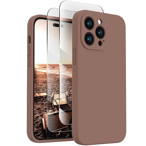 FireNova for iPhone 14 Pro Case, Silicone Upgraded [Camera Protection] Phone Case with [2 Screen Protectors], Soft Anti-Scratch Microfiber Lining Inside, 6.1 inch, Light Brown - Image 1