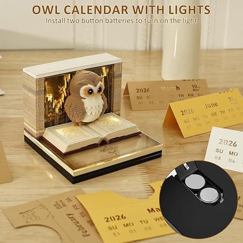 Time Piece Calendar 2026, 3D Calendar 2026 Desk, Tear-Away 3D Memo Pad, Weekly Calendar, Magic Book and Cute Owl Paper Carving Art Notepad with LED Lights for Thanksgiving Christmas Desktop Decor Gift thumbnail 6
