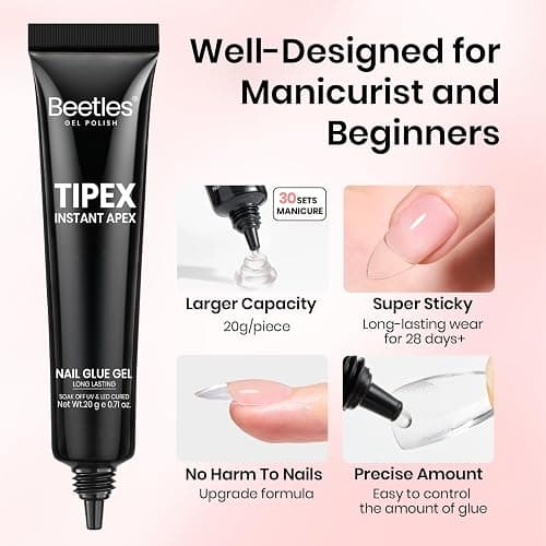 Beetles Tipex Nail Glue Gel 2 Pcs 20g, Super Strong Hands-Free Solid Nail Glue for Tipex Instant Apex Nail Tips, Professional Beginner-Friendly, U V Light Required thumbnail 5