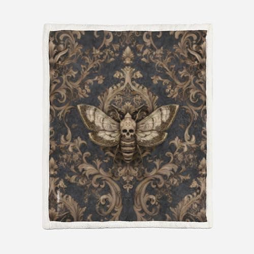 AILONEN Death Moth Throw Blanket,Gothic Moth Skull Fleece Sherpa Blanket Bed/Sofa Decor,Horror Themed Gold Floral Blankets for Boys Girls, 59 x 47 Inches thumbnail 3