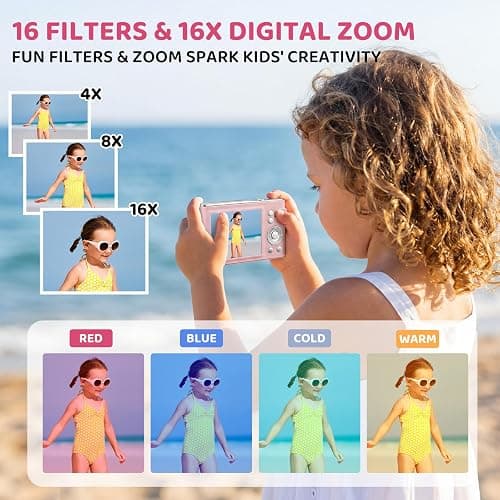 Digital Camera, 48MP FHD 1080P Point and Shoot Camera with 16x Zoom, Anti Shake Autofocus Compact Camera with 32GB Card for Kids, Beginners, Teens, Pink thumbnail 4