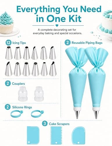 Reusable Piping Bags and Tips Set, 21-Piece Cake and Cupcake Decorating Kit | Reusable piping bags pair with 12 icing tips, couplers and scrapers for precise frosting and easy cake or cupcake decorating. thumbnail 6