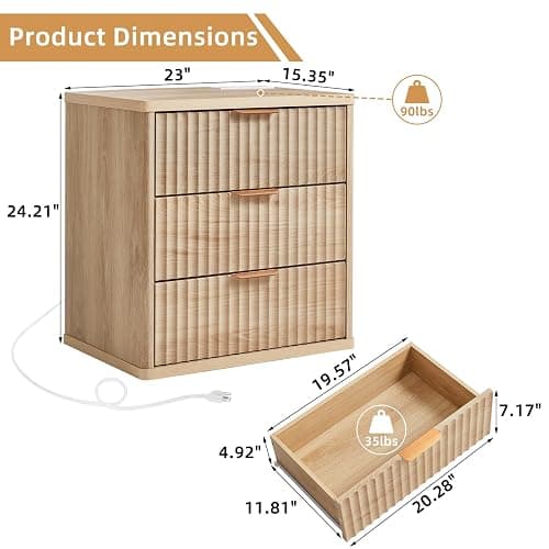 LEYAOYAO 23" Wide Fluted Farmhouse Night Stand Set of 2 with Charging Station, 3 Drawers Large End Table w/Metal Handle, Natural Nightstand Bedside Table,Wood Dresser for Bedroom, Closet thumbnail 3
