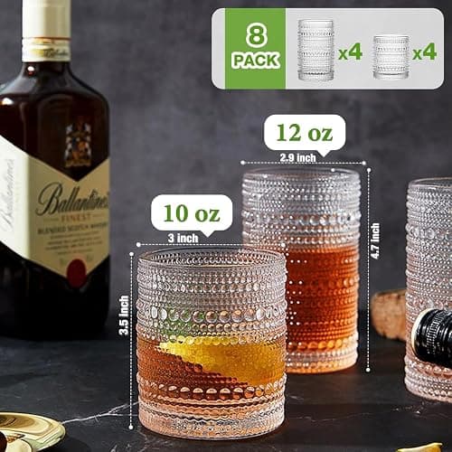 Hlukana Vintage Hobnail Drinking Glasses Set of 8, 12 oz Highball Glasses & 10 oz Cocktail Glasses Set, Kitchen Water Glasses Cup, Bar Tumbler Glassware Set for Beer, Juice, Cocktail, Whiskey, Milk thumbnail 3