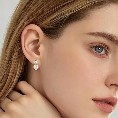 18K Gold Plated 925 Sterling Silver Round CZ Drop Pearl Earrings for Women thumbnail 2