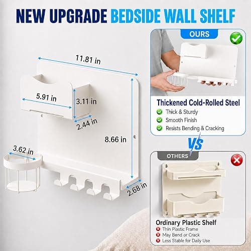 Metal Bedside Wall Shelf, Bedside Floating Shelf Wall Organizer with Detachable Cup Holder, No Drill Wall Mount for Bedroom, Dorm Room Decor, Nightstand Alternative, Bunk Bed Accessories, RV Storage thumbnail 2
