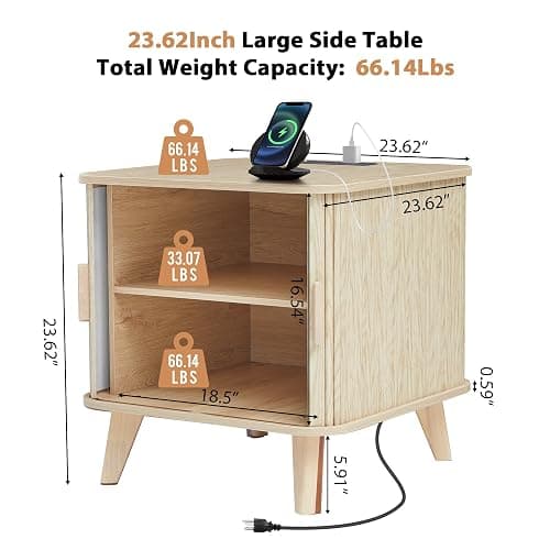 RUSTYER Farmhouse Square End Table with Charging Station, 24" Large Fluted Sofa Side Table with Sliding Tambour Door and Storage, Rustic Curved Wood Nightstand for Living Room, Bedroom, Natural thumbnail 2