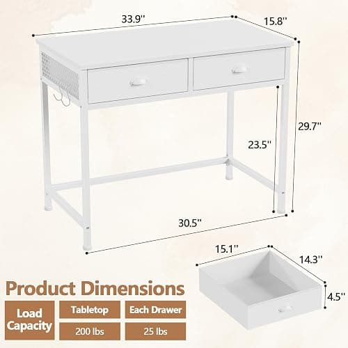 Furologee White Small Computer Desk with 2 Fabric Drawers for Bedroom,34 Inch Simple Home Office Writing Desk, Vanity Desk with Hooks, Study Table for Adults Student Small Spaces thumbnail 3