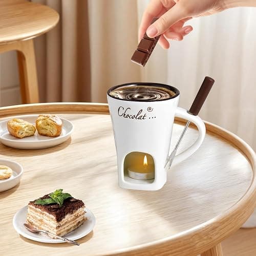 Chocolate Fondue Mug, Chocolate Melting Cup with Fork, Melting Chocolate Mug, Fondue Set for Office School Home, Cheese Fondue Sets, Sweet Fondue Cup for Valentine's Day Gift (White) thumbnail 2