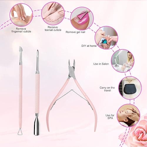 Makartt Cuticle Trimmer with Cuticle Pusher, 3 PCS Pink Nail Cuticle Nipper Professional Pedicure Manicure Tools with Stainless Steel Dual End Pusher, Nail Scraper thumbnail 5