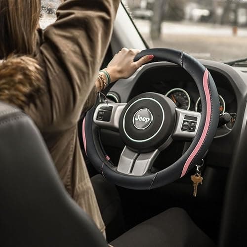 Car Steering Wheel Cover, Leather Steering Wheel Cover Pink Universal 14.5-15 Inch Microfiber Leather Anti-Slip Breathable Auto Steering Wheel Covers for Men Women (Black&Pink) thumbnail 3
