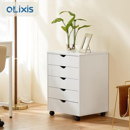 OLIXIS 5 Drawer File Cabinet on Wheels, Printer Stand | Fits Under Desks, Wood Storage Organization Holds Printer, Office Supplies, Not For Hanging Files, For Home Office Use White thumbnail 4