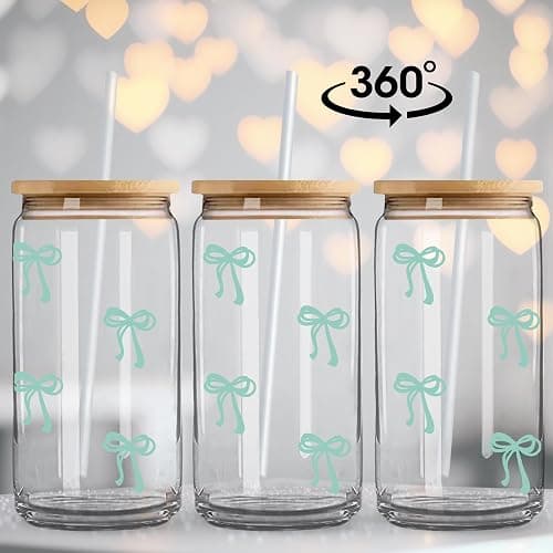 BIPEDS Coquette Cute Sage Green Bow Glass Cups with Lids and Straws, Aesthetic Iced Coffee Cup Girly Preppy Tumbler Mug, Christmas Valentines Birthday Gifts for Women, Teen Girl Gifts Trendy Stuff thumbnail 4
