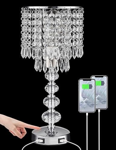 Acaxin Crystal Table Lamps for Bedroom Nightstand - Touch Bedside Lamps with Two USB Charging Ports Silver, 3 Way Dimmable Small Glam Lamp for Girls, Night Stand Lamp for Living Room - Image 1