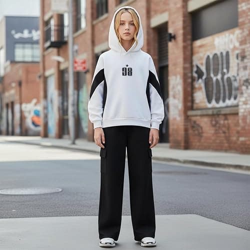 ZGKB Girls' Hooded Sweatshirt and Pants Set, White and Black, Casual Jersey Outfit, 8-12 Years thumbnail 4