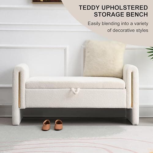 NIOIIKIT 52" Storage Ottoman Bench, Teddy Upholstered Storage Bench with Armrest, Entryway Bench with Pull-Ring, End of Bed Bench with Padded Cushion, Window Bench for Living Room (Beige) thumbnail 3