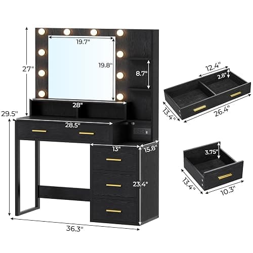 Tiptiper Makeup Vanity with Lights, Black Vanity Desk with Mirror & 3 Lighting Modes, Vanity Table with USB Ports and Outlets, Makeup Table with Nightstand & Storage Shelves & Drawers (Modern Black) thumbnail 2