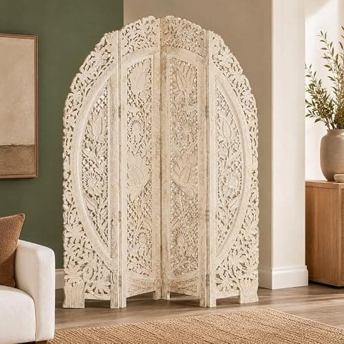 Deco 79 Wood Floral Handmade Foldable Arched Partition 4 Panel Privacy Screen with Intricately Carved Designs, Room Divider 60" x 2" x 72", White thumbnail 2