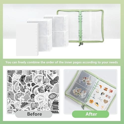 NOCAFI Sticker Storage Organizer Binder A5 Sticker Collecting Book Zipper Album for Adult with Blank Reusable Release Paper and Pocket Pages (Green) thumbnail 5