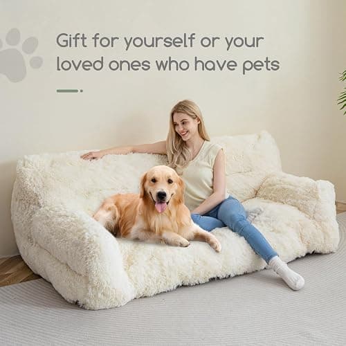 HIGOGOGO Giant Human Dog Sofa Bed, Big Comfy Floor Sofa Couch for Pet Families with Foam Chunk Supportive Mat, Fluffy Faux Fur Orthopedic Dog Bed for Human, XXXL Size, Beige thumbnail 5