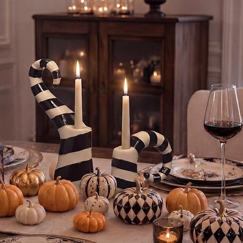 Mumufy 2 Pcs Halloween Black White Worm Theme Candle Holders Gothic Desktop Candle Holders Scary Movie Inspired Theme Table Centerpiece Decor for Halloween Haunted Graveyard Party Desktop Decorations thumbnail 2