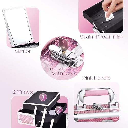 Joligrace Makeup Train Case Makeup Case Organizer Portable Cosmetic Box Storage with 2 Trays Mirror Locking Make Up Travel Case for Nail Kits Cosmetics Craft Traveling Makeup Box Mermaid Pink thumbnail 4