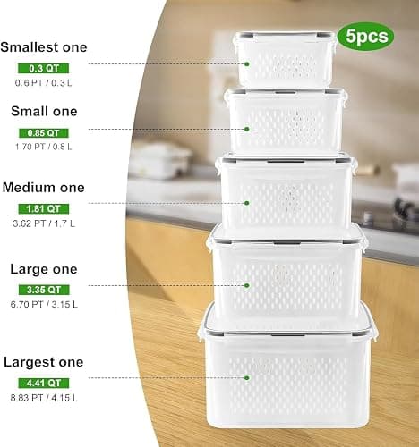 5 PCS Fruit storage Containers for Fridge with Removable Colander and Chopper Set, Leakproof Food Storage Containers with lids, Dishwasher & Microwave Safe Produce Containers to Keep Fruits Fresh ﻿ thumbnail 3