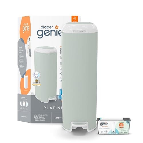 Diaper Genie Platinum Pail (Sage Green) is Made in Durable Stainless Steel and Includes 1 Easy Roll Refill with 18 Bags That can Last up to 5 Months. - Image 1