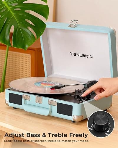 Bluetooth Suitcase Record Player with Built‑in Speakers, Bass & Treble Control, 3‑Speed Belt‑Drive Turntable with Auto‑Stop, RCA & AUX Output, Portable Vinyl Player for 33 45 78RPM LPs thumbnail 2