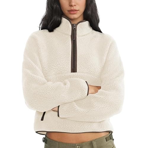 Keeliya Womens Fleece Sweatshirts Cropped Half Zip Fuzzy Warm Sherpa Pullover Varsity Jackets with Zipper Pockets - Image 1