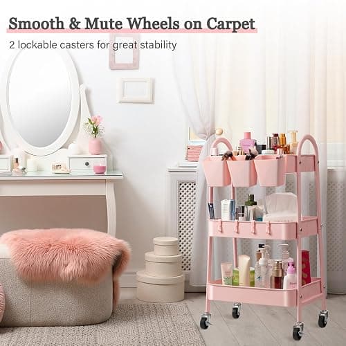 danpinera 3-Tier Rolling Cart, Utility Cart Mobile Metal Rolling Storage Cart with Lockable Wheels & Hanging Cups & Hooks for Kitchen, Bathroom, Office, Workshop, Pink thumbnail 5