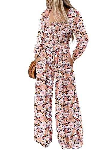 Dokotoo Women's Casual Loose Overalls Jumpsuits One Piece Long Sleeve Printed Wide Leg Long Pant Rompers With Pockets - Image 1
