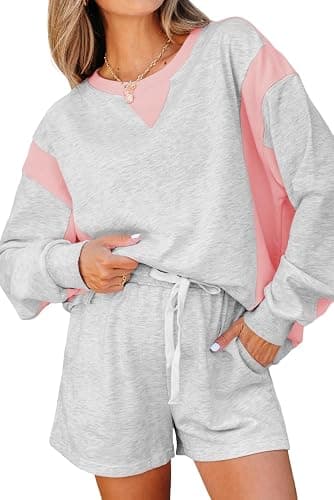 KevaMolly Womens Lounge Sets Light Color Block Raw Hem Pullover and Casual Shorts Set Two Piece Sets - Image 1
