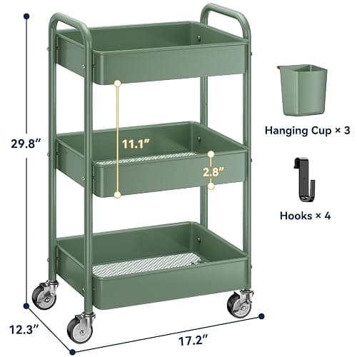 3-Tier Rolling Cart, Green thumbnail 2