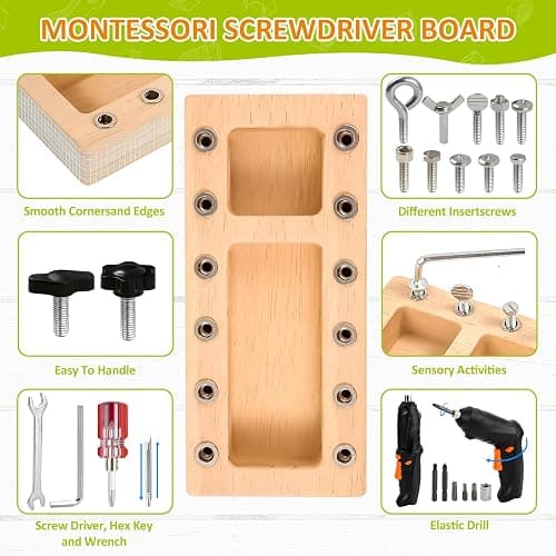 Montessori Screwdriver Board Set with Electric Drill, Wooden Montessori Busy Board Toys Screw Driver Activities Tools for 3 4 5 Year Old Kids, Sensory Learning STEM Fine Motor Skills Toys for Boys thumbnail 3