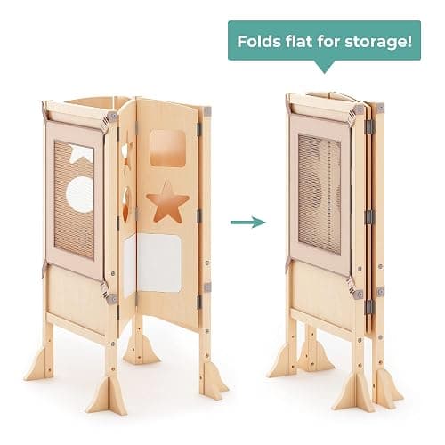 Guidecraft Classic Kitchen Helper® Toddler Tower and 2 Keepers - Natural: Folding Wooden Adjustable Height Platform, Kitchen Montessori Learning Step Stool, Chalkboard, Supports Up to 125lbs - Natural thumbnail 5