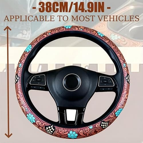 Western Steering Wheel Cover, Anti-Slip Universal Fit For Suvs/Trucks, Print Design, All-Weather Breathable Car Interior Accessory - Universal 15 Inch (C-3) thumbnail 6