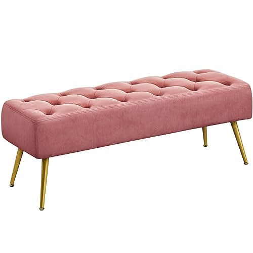 Yaheetech Modern Ottoman Bench Velvet Bench Upholstered Footrest for Living Room with Gold Metal Legs and Padded Seat Pink - Pink - 16"D x 45"W x 17"H