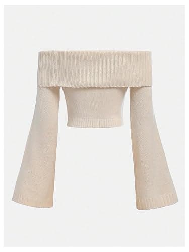 SHENHE Girl's Off The Shoulder Sweater Bell Sleeve Fold Over Knit Crop Top Sweater Pullover thumbnail 2