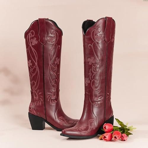 wetkiss Cowboy Boots for Women Knee High Cowgirl Boots, Western Boots with Floral Embroidered Pointed Toe Chunky Heel Pull On Retro Vintage Classic Tall Boots for Ladies thumbnail 5