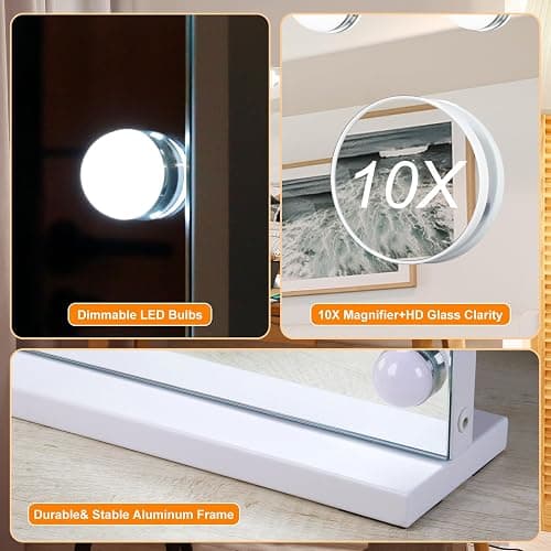 Moonee Vanity Mirror with Lights, Hollywood Lighted Makeup Mirror with 15 Dimmable Bulbs and 10X Magnification, 3 Colors Modes, Aluminum Metal Frame, Light Up Mirror for Tabletop or Wall（23" x 18"） thumbnail 7
