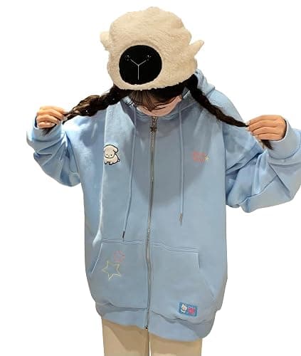 OATSBAS Kawaii Zip Up Hoodie Women Cute Cartoon Embroidery Oversized Pullover Sweatshirt Harajuku Kawaii Hooded Top - Image 1