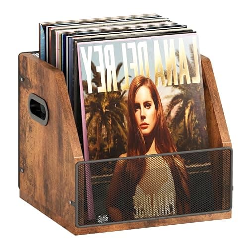 Homeiju Vinyl Record Storage, Record Box Case Crate, Vinyl Record Album Holder, Desktop Metal & Wooden LP Record Crate, Holds up to 60 Records(Patent No.D1024563 - Image 1