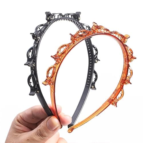 JASSINS Headband with Clips,2Pcs Braided Bang Headband with Teeth for Women | ABS Resin Hollow Woven Headband,Toothed Headband Braid Tool,8 built-in hairpins,For fits straight & curly hair(Black Brown) thumbnail 8