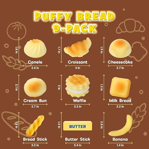 Recheel Butter Squishy Toys, 9 Pack Slow Rising Food Squishies Set | Soft Kawaii Food Squishies with Bread, Cake & Fruit Designs, Perfect Fidget Toys for Stress Relief, Relaxation and Play thumbnail 2