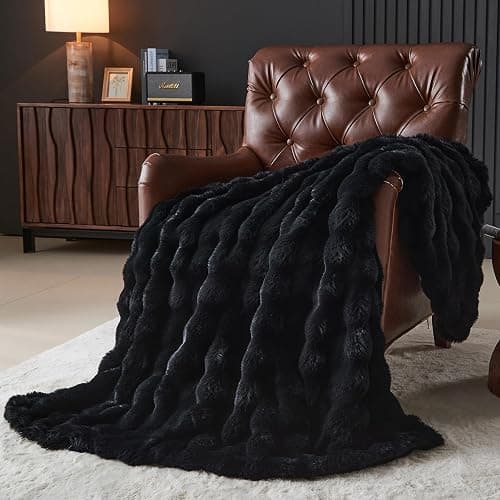 Wajade Fluffy Faux Fur King Size Blanket for Bed Couch 90x106 Inches, Luxury Ultra Soft Thick Fuzzy Plush Bubble Blanket, Reversible Warm Cozy Blanket for Sofa Chair, Black - Image 1